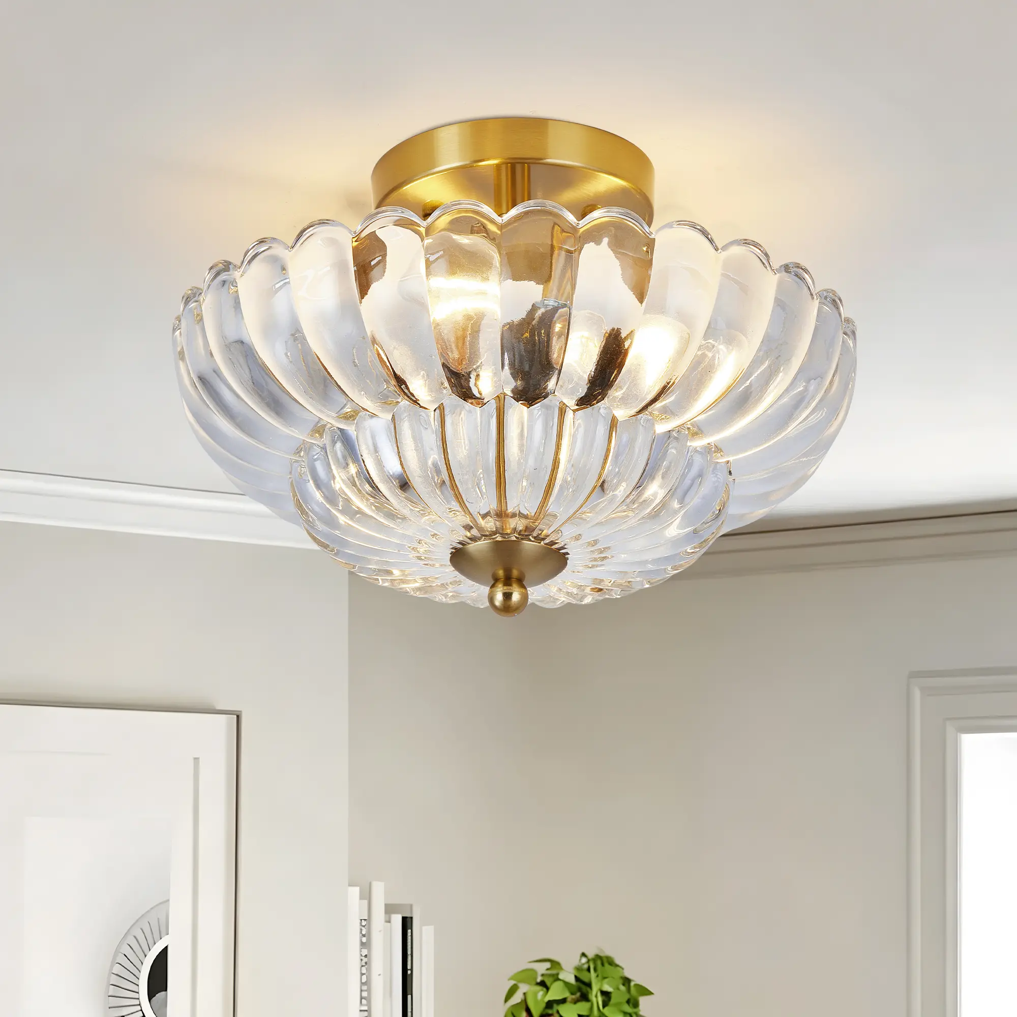 Semi Flush Mount Ceiling Light, 11.8 Inch 3-Light Glass Ceiling Light Fixture, Vintage Close to Ceiling Light for Bedroom, Kitchen, Hallway & Living Room, Gold/Black, Bulbs Not Included