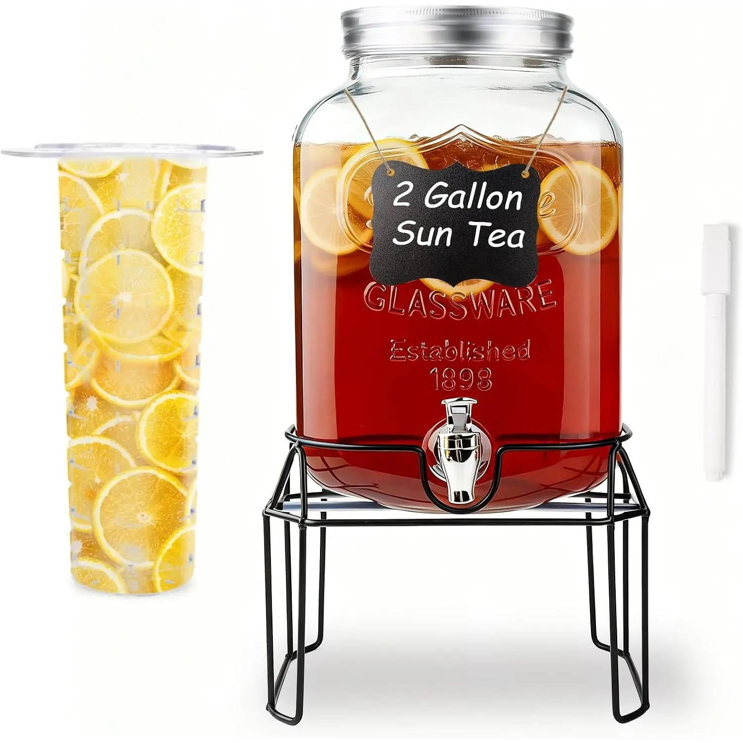 2 Gallon Glass Drink Dispensers For Parties,Beverage Dispenser with Stand,Fruit Infuser,Mason Jar Water Dispenser for Juice/,Lemonade Dispenser for Parties, Clear Water Pitcher with Spigot