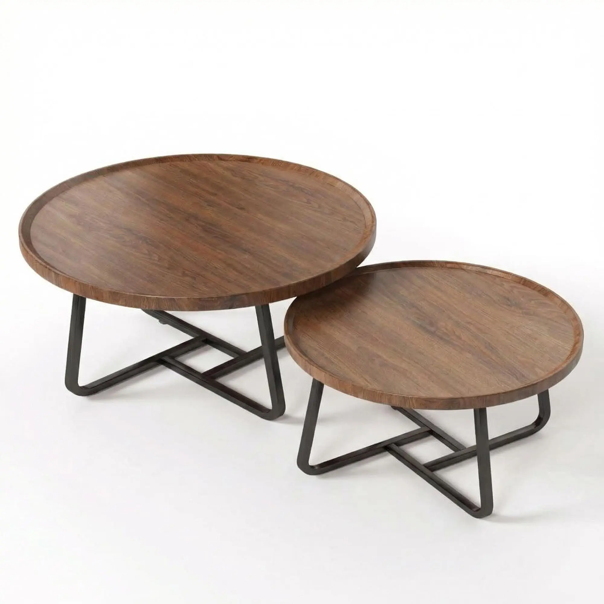 Walnut Round Nesting Coffee Tables Set of 2 - Modern Stackable End/Side Tables with Sturdy Metal Frame, Space-Saving, for Living Room, Bedroom