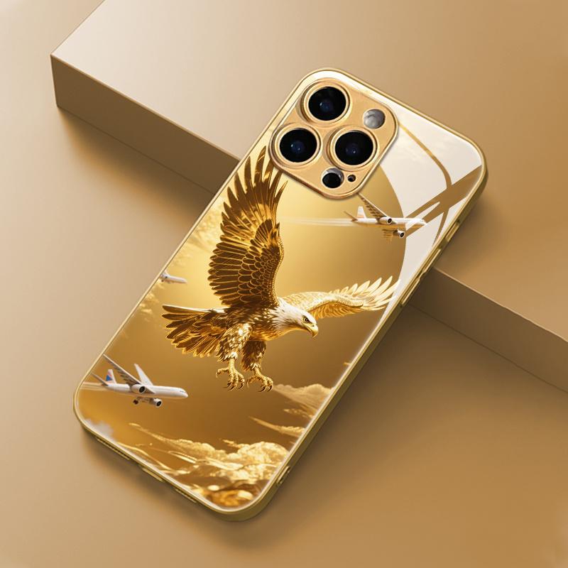 Super Cool Eagle Aircraft Gold Pattern Mobile Phone Case Suitable for iPhone 16ProMax-11ProMax, high definition glass protective case, fashionable design, durable material, shockproof protective case, technology enthusiasts, iPhone users iphone