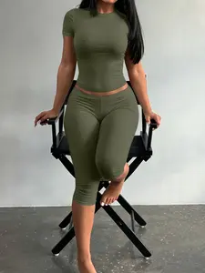 Lw-Sherowear Women's Solid Crew Neck Short Sleeve Slim Crop Top & High Waist Capri Length Leggings Two Piece Matching Set, Stretch Soft Minimalist Loungewear Tracksuit for Daily Commute, Beach Vacation & Casual Streetwear