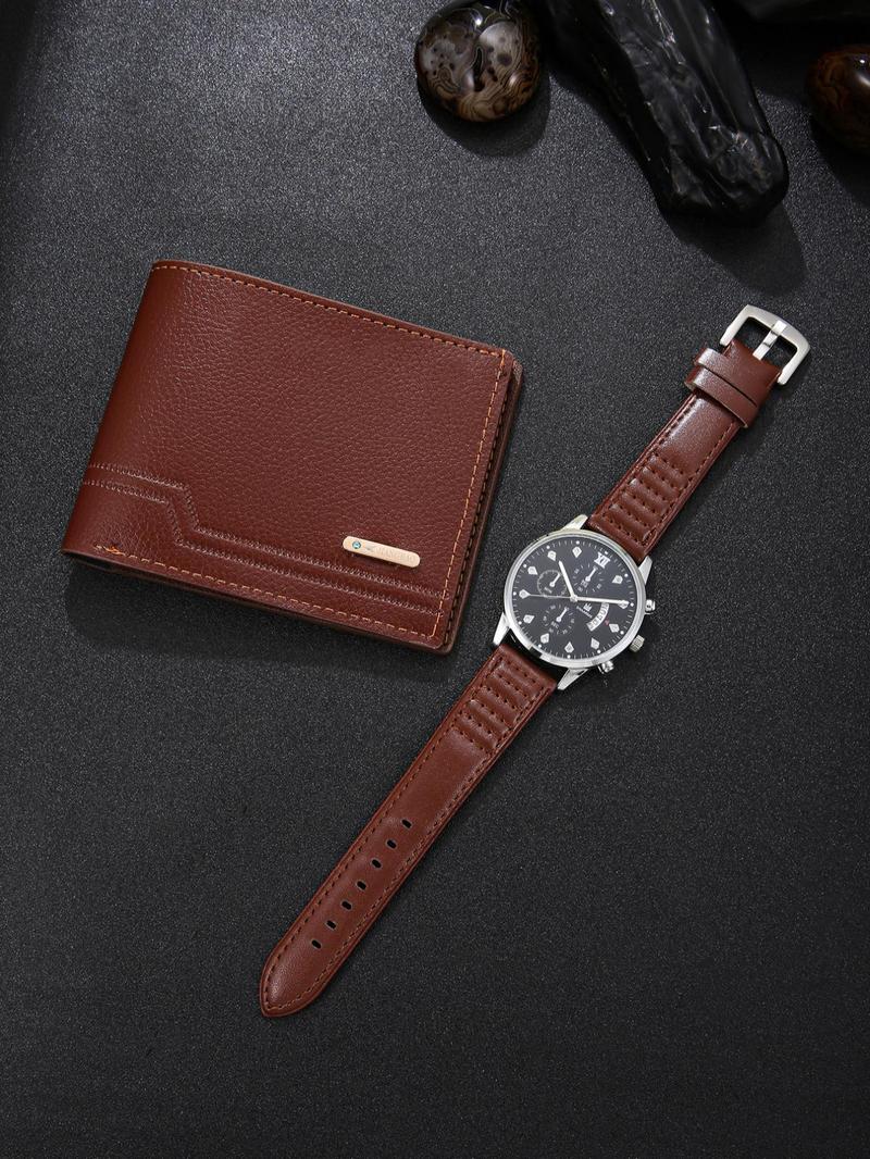 Men's Business Fashion Round Dial Analog Quartz Watch & Wallet Set, Fashion Watch Set for Party, Daily Clothing Decor, Trendy All-match & Exquisite Watch Set for Gift, Casual Wristwatch Set