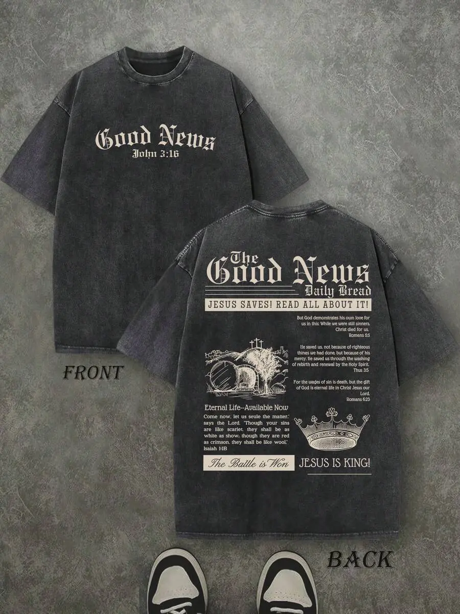 Heavyweight Washed Cotton T-Shirt Unisex Vintage Streetwear Double-Sided "The Good News, JESUS IS KING!" Christian Crown Pattern Tee