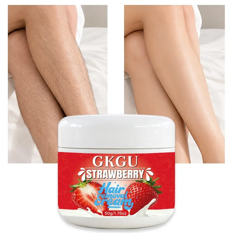 50 grams of strawberry depilatory cream for instant hair removal. A semi-permanent product that leaves skin smooth and free of residue. Non-irritating. Suitable for removing hair from the face, lips, underarms, legs, and arms