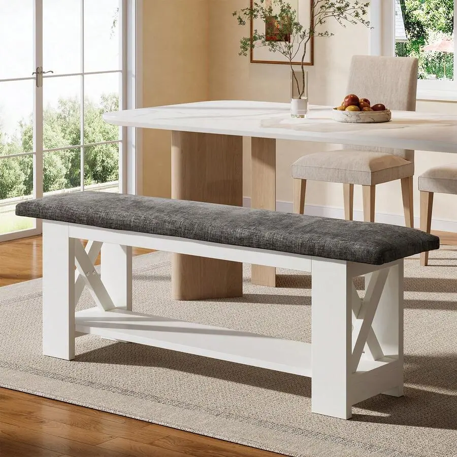 47.24" Farmhouse Upholstered Dining Bench, 2-Tier Wooden Kitchen Table Stool Cushion Seat, White End Of Bed Bench With Storage Shelf For Bedroom, Dining Room, Living Room,decor,