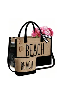 Women's Beach Handbag Set, Includes Beach Canvas Bag, Wave Sun Hat, Crossbody Shoulder Bag, Makeup Pouch, Adjustable, Spring Summer