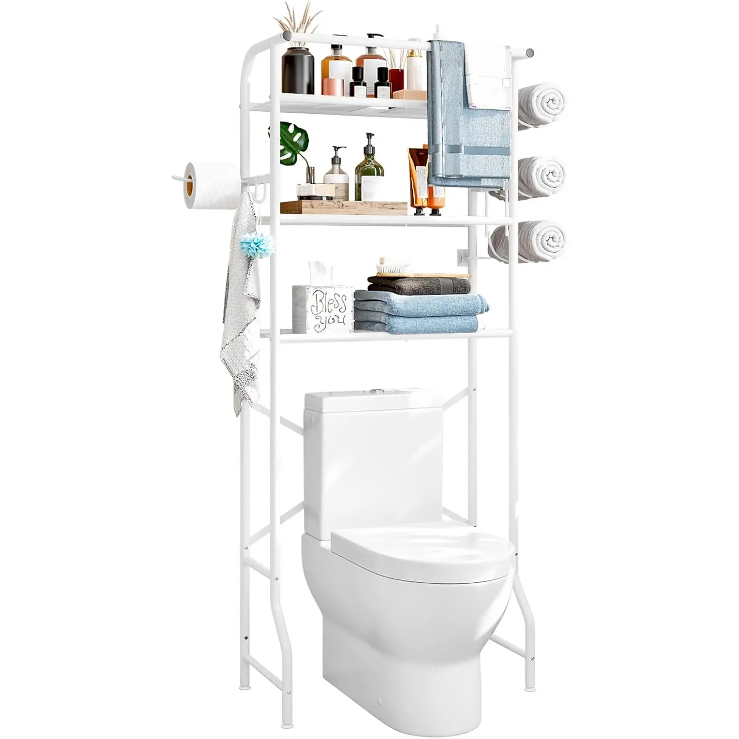 Over The Toilet Storage Shelf 3 Tier Bathroom Organizer White | Metal Bathroom Shelves Storage Rack Accessories with Paper Holder and Hooks Freestanding Shelf Space Saver Laundry Balcony