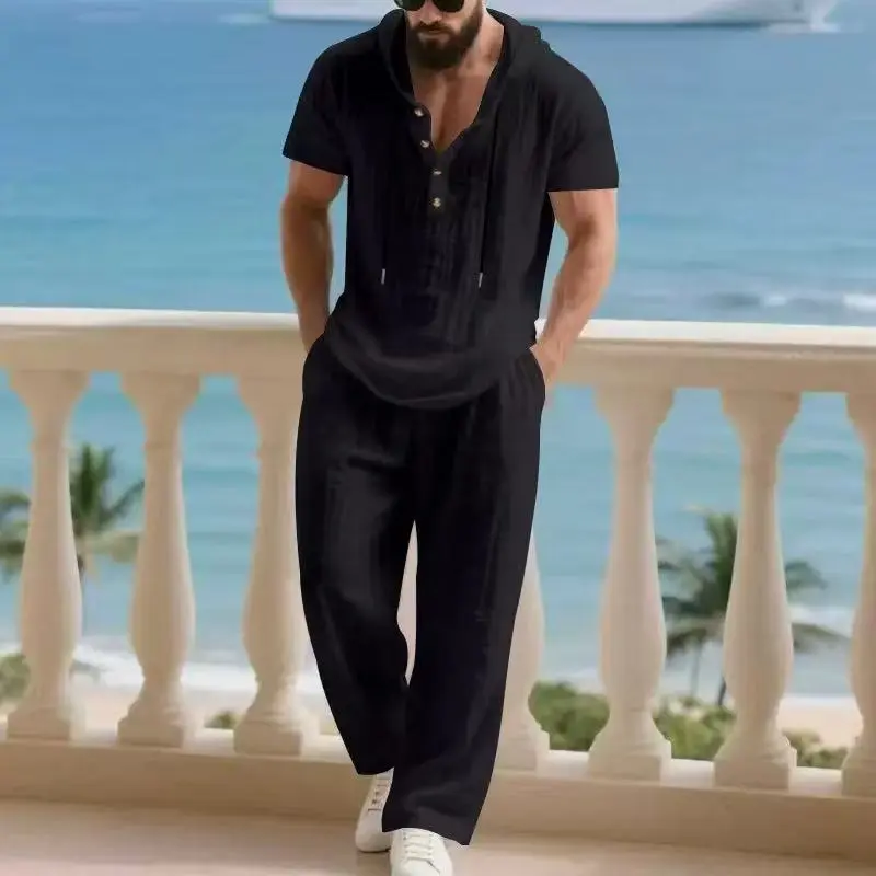 Men’s Hooded Henley 2-Piece Summer Outfit, Breathable Short Sleeve Top and Drawstring Pants Set, Relaxed Casual Style for Versatile Mensfashion