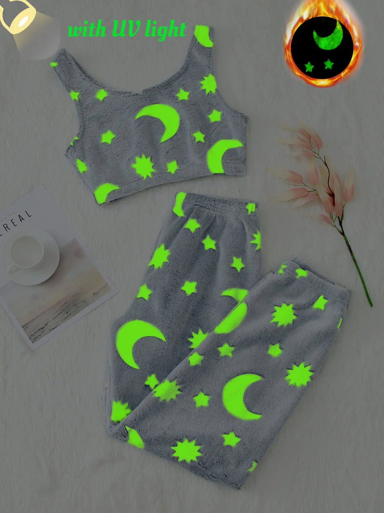 Ultraviolet Glow Women's Star Moon Night Light Pattern Flannel Vest Long Pants Pajama Set, Cozy Sleepwear for Comfortable Nights