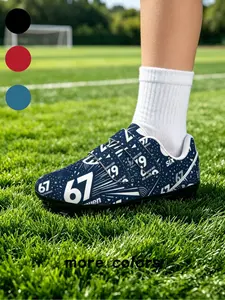 1 Pair Kids Triple Velcro Football Cleats With Navy Base Large White No.67, Meteor & Star Dot Print, American Number Competition Trend Sports Style, Non-slip Red Stud Sole & Wear-resistant Upper, Soccer Shoes For Boys And Girls Grass Training & School Com