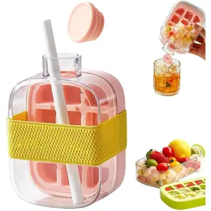 2026 Upgrade 2 in 1 Ice Cube Bottle with Straw,Portable Ice Cube Tray Built in Ice Mold Cup,Press to Release Touch Free Ice Tray Leak Proof Lid for Outdoor Office Travel Home Essential (Pink, 17 OZ)