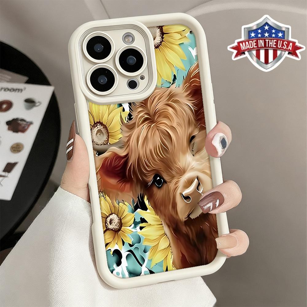 Cute Highland Cow Sunflower Floral Aesthetic Pattern Case for iPhone 17 16 15 14 Pro Max 13 12 11 XR XS Plus Air Slim Shockproof Anti Drop Protective Durable TPU Cover