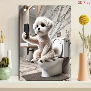 2D Flat High Definition Printed 1pc Framed Canvas Wall Art, Funny Maltese Dog Taking Selfie In Bathroom Design With Wrap-Around Frame, Modern Farmhouse & Art Deco Style Vertical Wall Decor Ready To Hang, Ideal Pet Lover Gift For Home And Office