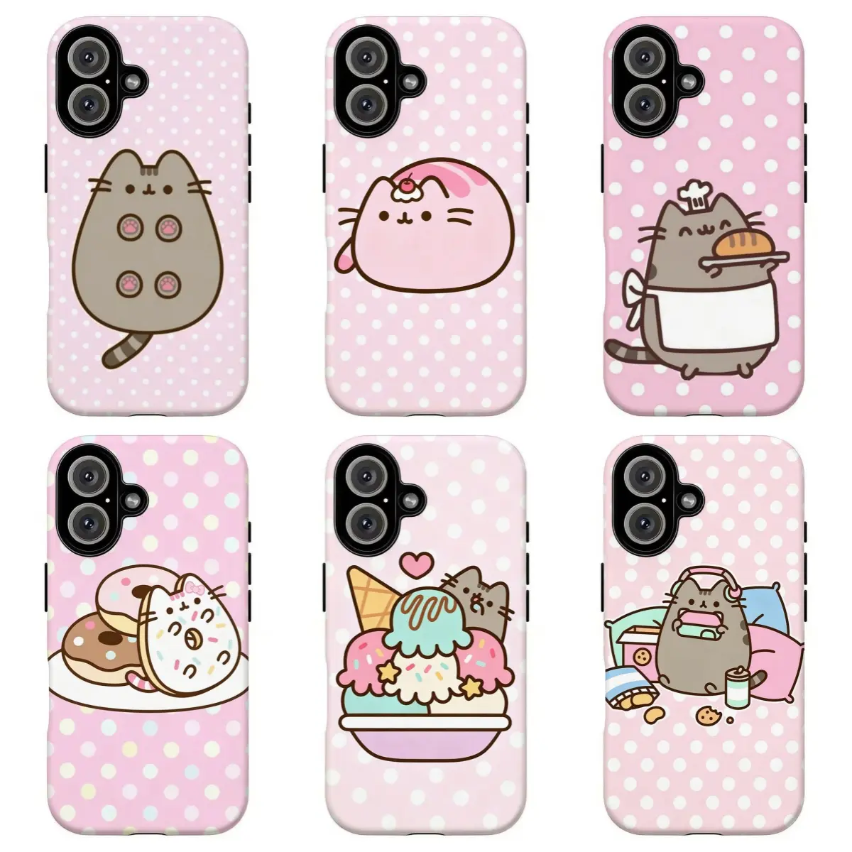 FL-Cute Pink Polka Dot Kawaii Pushe3n Phone Case,Girly Pink Polka Dot Cute Cat Dessert Snack Cartoon Aesthetic Cover For iPhone 17 Pro Max 16 15 14 13 12 11 8 7 Plus for Samsung S26 Ultra S25 24 23 22 21 Case-Perfect Holiday Gift for her/him/fans