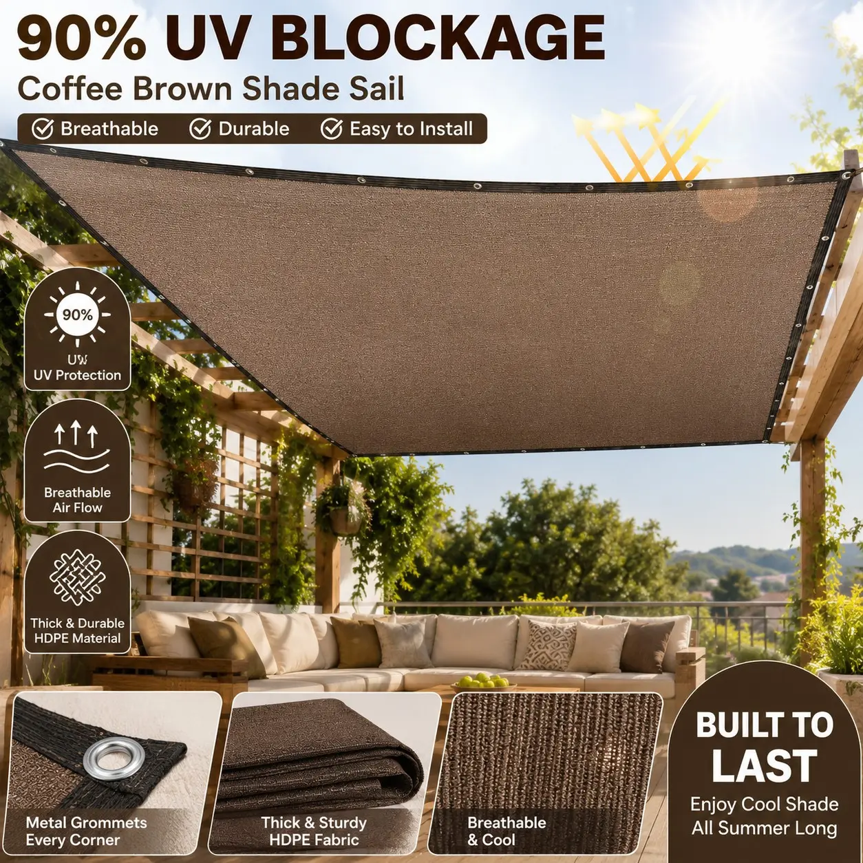 Coffee Color Sunshade Mesh with Metal Grommets, 90% UV Protection, Thick Breathable Shade Sail, Ideal for Patio, Garden, Greenhouse, Chicken Coop, Dog House, Backyard Roof