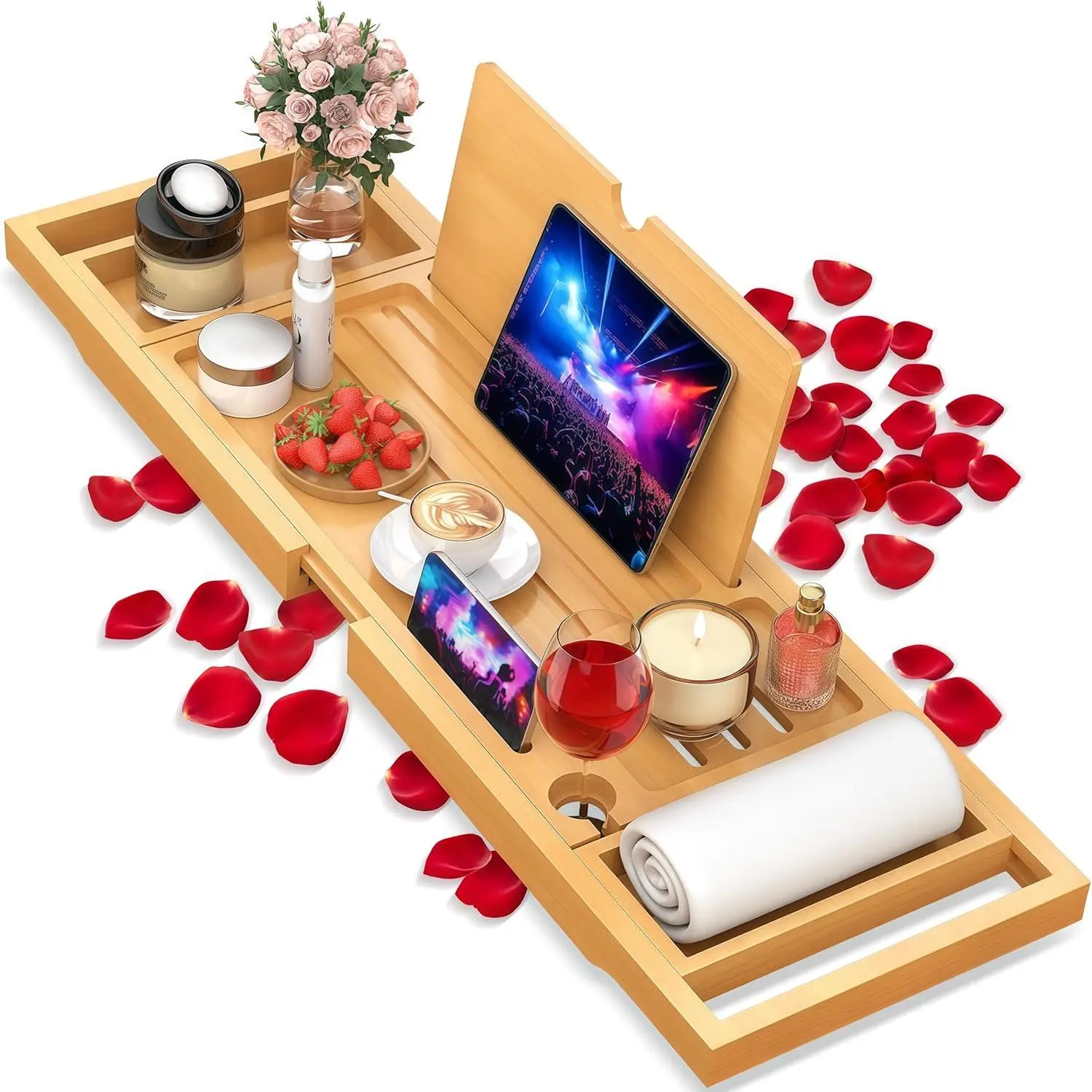 Premium Bamboo Bathtub Caddy Tray with Extending Sides, Adjustable Wood Bath Tray for Luxury Bath, Fits Most Tubs, Great Bathroom Accessory Perfect Gift Idea