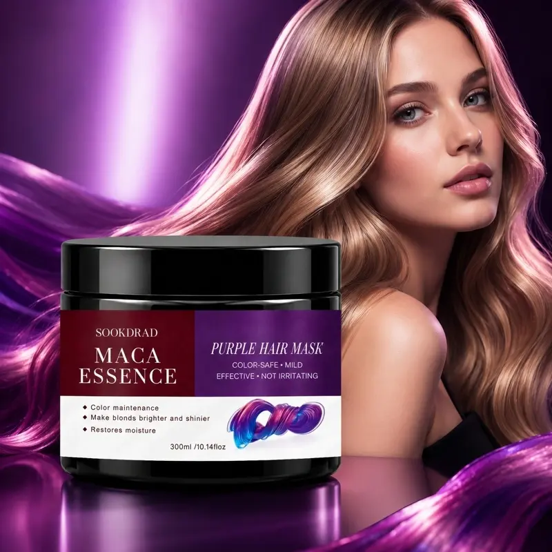 Purple Hair Mask, Maca Essence, color maintenance, brighten blond hair, restore moisture, gentle, non-irritating, color-safe, 300ml