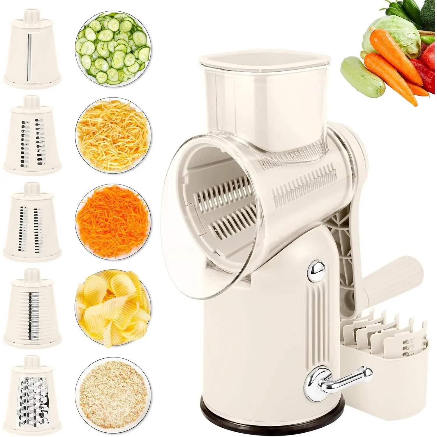 5-in-1 Multi-Blade Cheese Grater with Handle - Manual Rotary Slicer, Shredder with Stable Suction Base for Indoor Recreation Everyday Prep, Multi-Blade Set