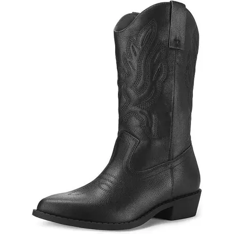 Mysoft Women's Black PU Leather Embroidered Pointed Toe Mid-Calf Western Ranch Boots - Slip-On Vintage Retro Cowboy Aesthetic Footwear for Fall Winter Daily Outfits, Shoes for Women