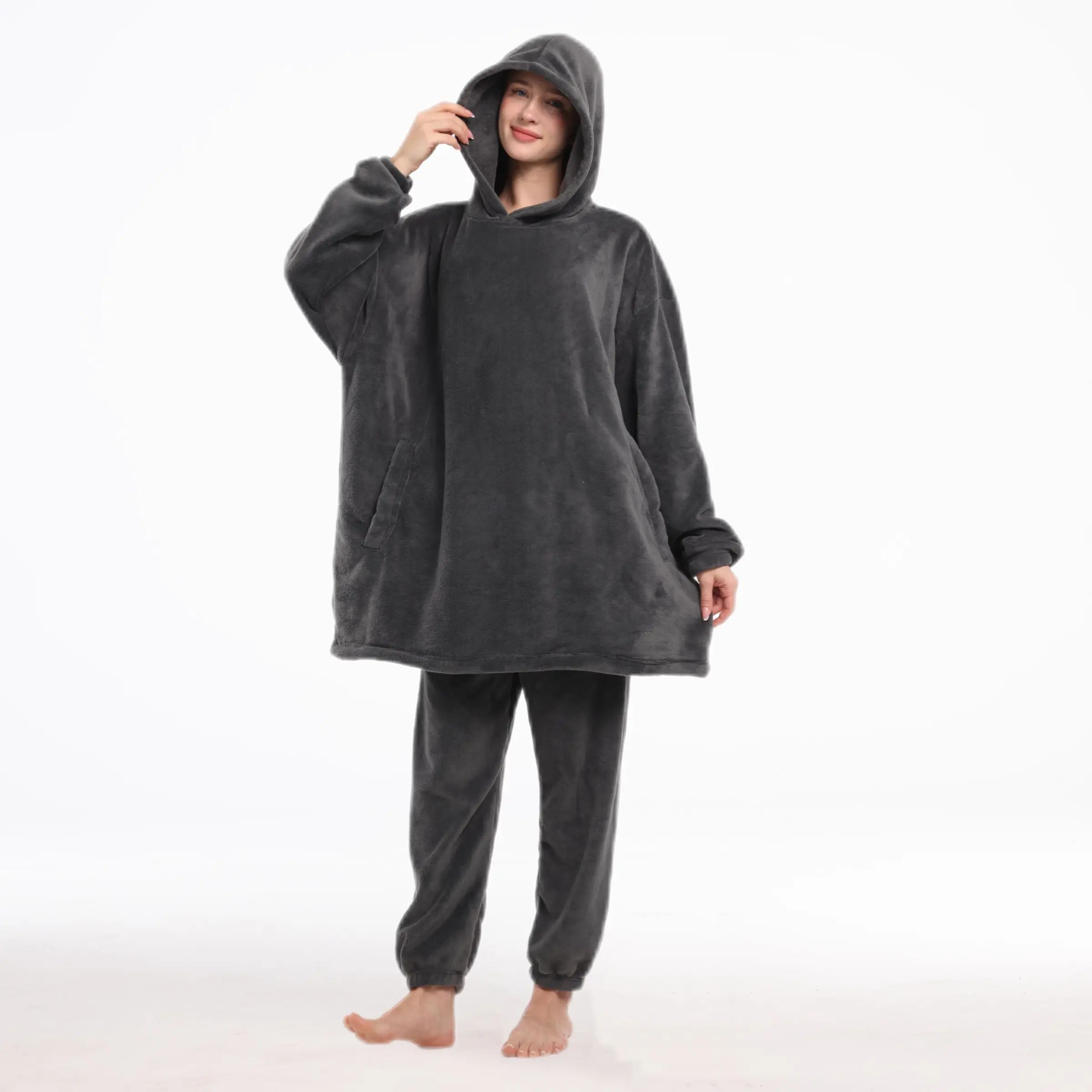 Coral Fleece Deep Wearable Blanket Set, Hooded Bathrobe with Pockets, Unisex, Fall Winter, Perfect Gift