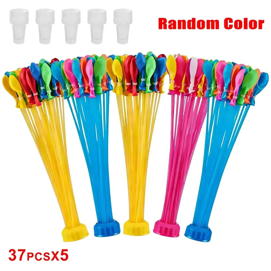 5-Pack Quick-Fill Self-Seal Water Balloons, Colorful Natural Rubber, 185 Pieces, Outdoor Toy for Summer Parties, Beach Play, Random Colors