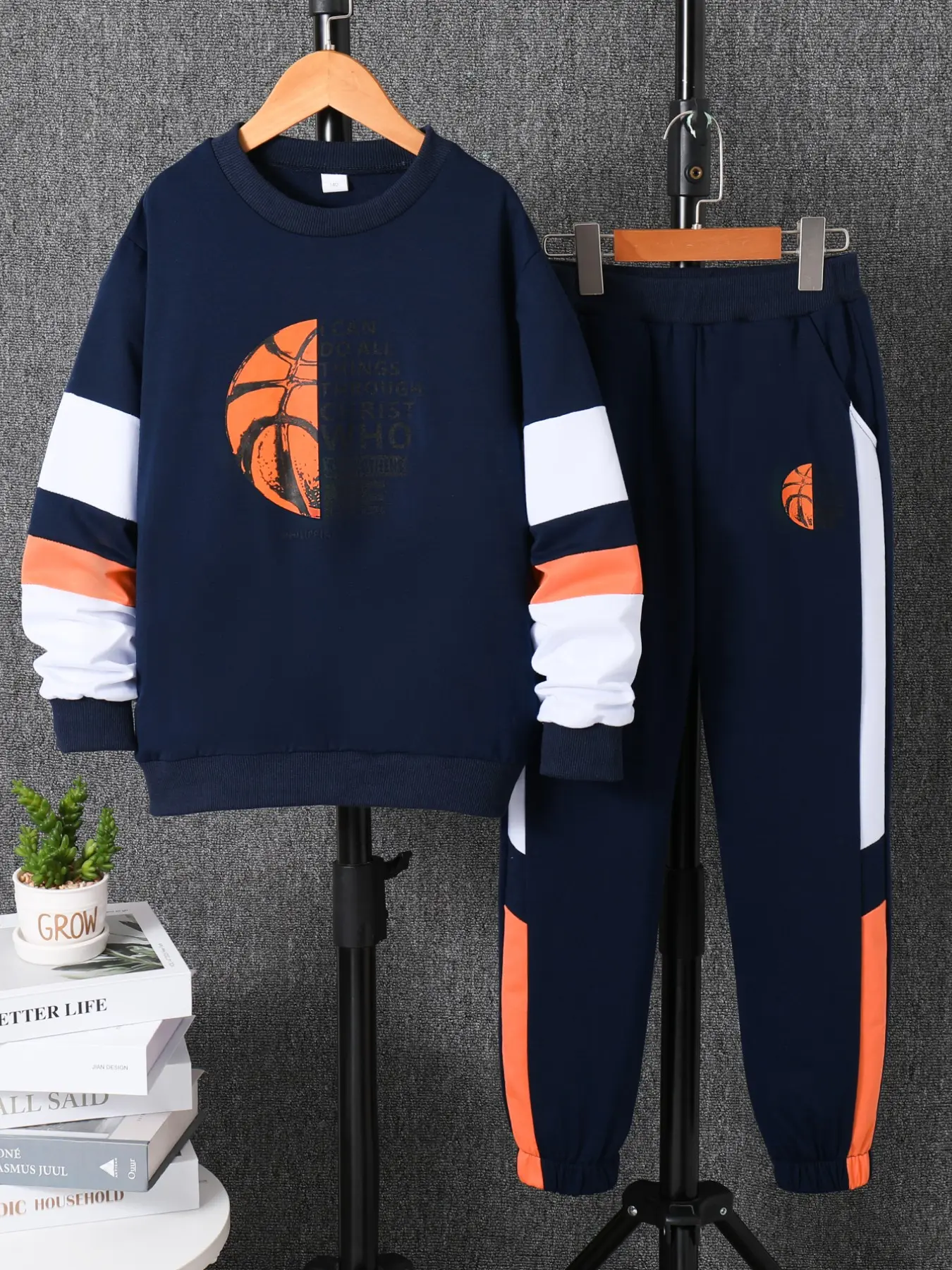 Autumn Winter Boys' Letter Basketball Print Multi-Color Patchwork Hoodie and Long Pants Set, Casual Sportswear Two-Piece Training Tracksuit