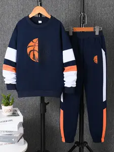 Autumn Winter Boys' Letter Basketball Print Multi-Color Patchwork Hoodie and Long Pants Set, Casual Sportswear Two-Piece