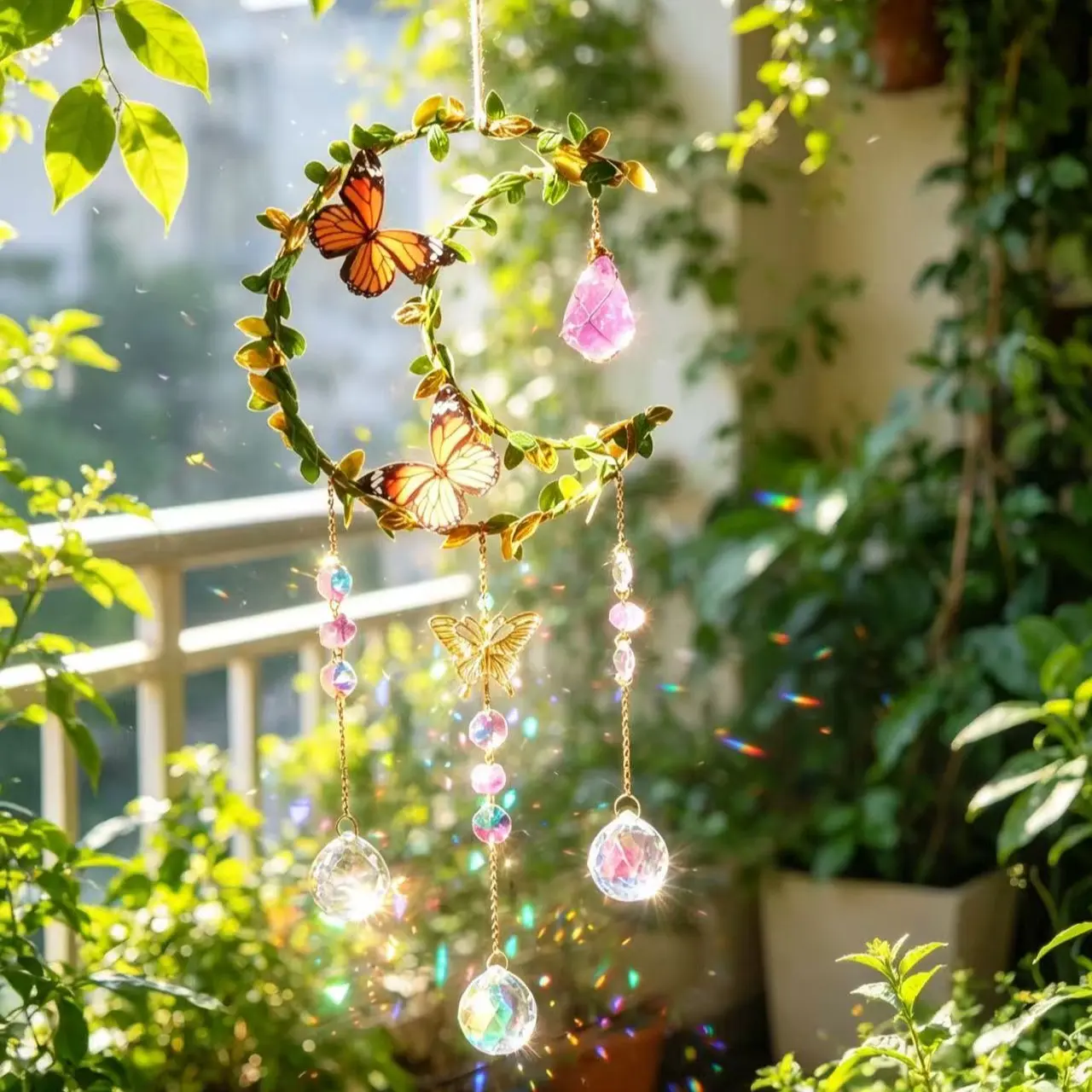 Moon Butterfly Crystal Sun Catcher, Rainbow Prism Light Capturer, Decorative Home & Outdoor Decor, Bohemian Style Window Hanging Ornament