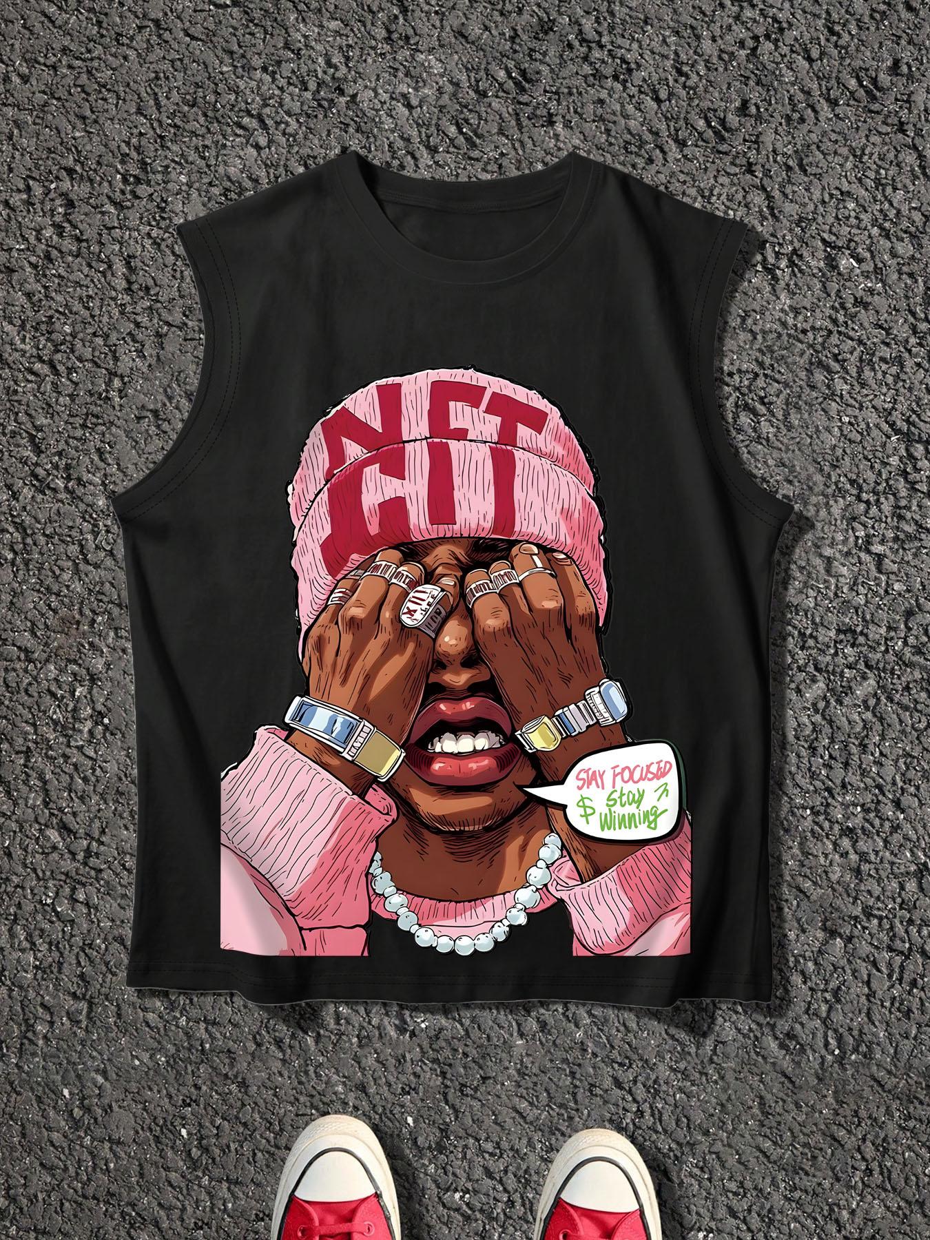 Men's Cartoon Face Print Tank Top, Loose Casual Sleeveless Round Neck Vest for Summer, Men's Top for Daily Wear, Socks