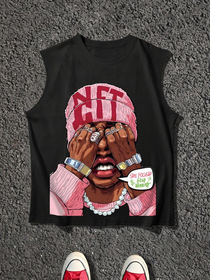 Men's Cartoon Face Print Tank Top, Loose Casual Sleeveless Round Neck Vest for Summer, Men's Top for Daily Wear, Socks