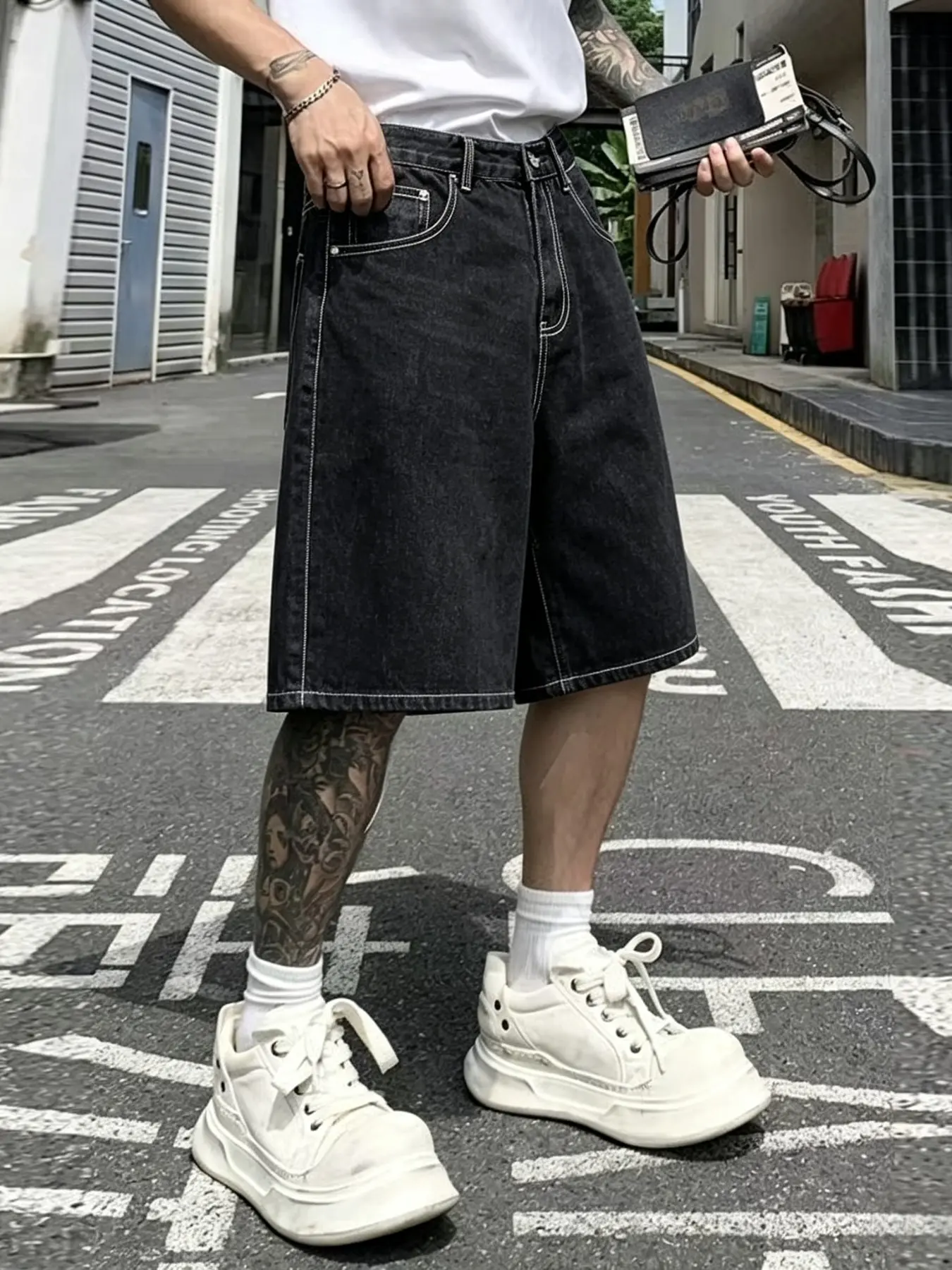 Men's Loose Fit Jeans Shorts, Halloween Spider Embroidery, Y2K Street Style, Casual Five-Quarter Denim Jeans, Fall New Arrival