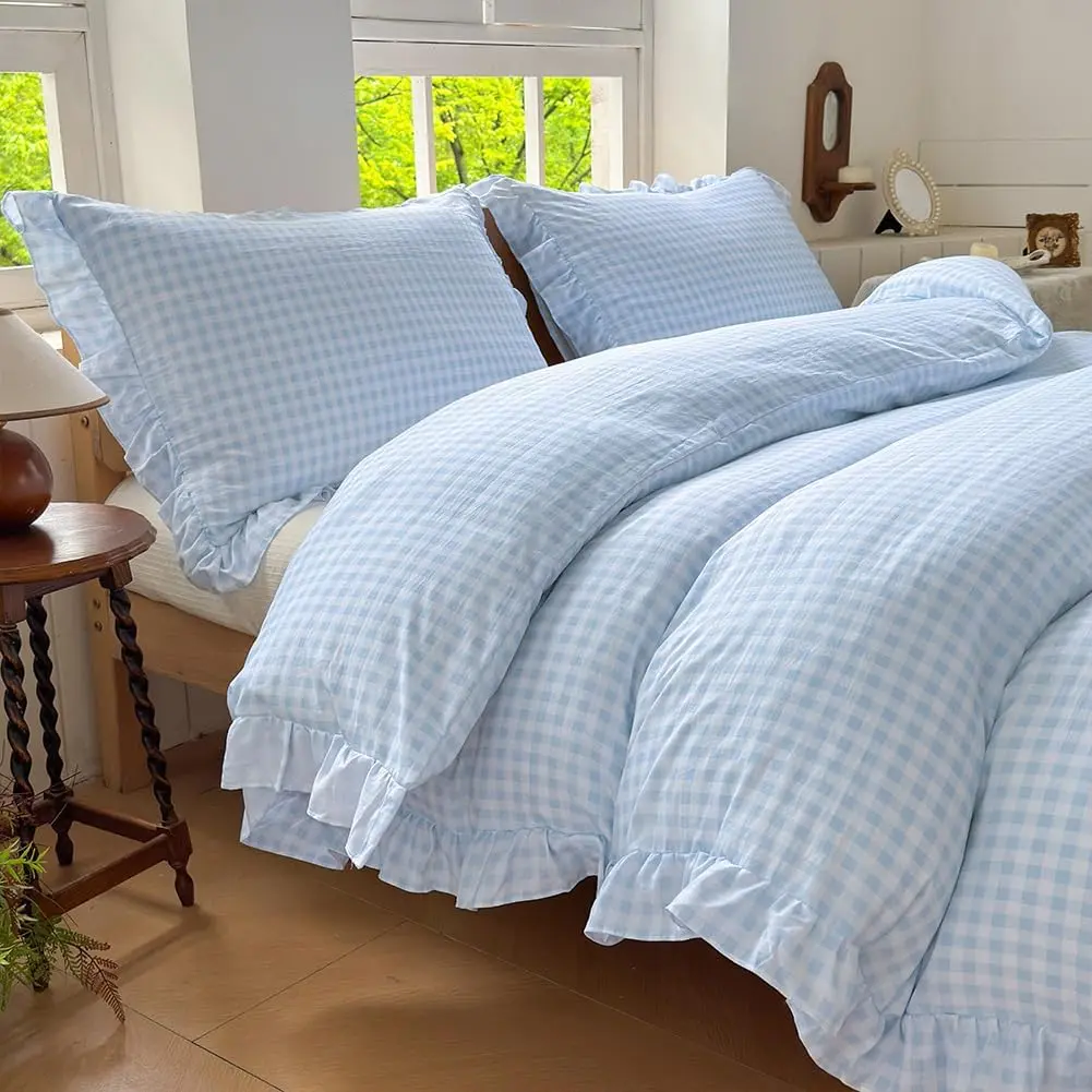 Queen Size Light Blue Checked Gingham Ruffled Edge Duvet Cover Set - 3-Piece Pre-Washed Microfiber Breathable Soft Bedding Set, Vintage Farmhouse Style for Bedroom Use (90in x 90in)