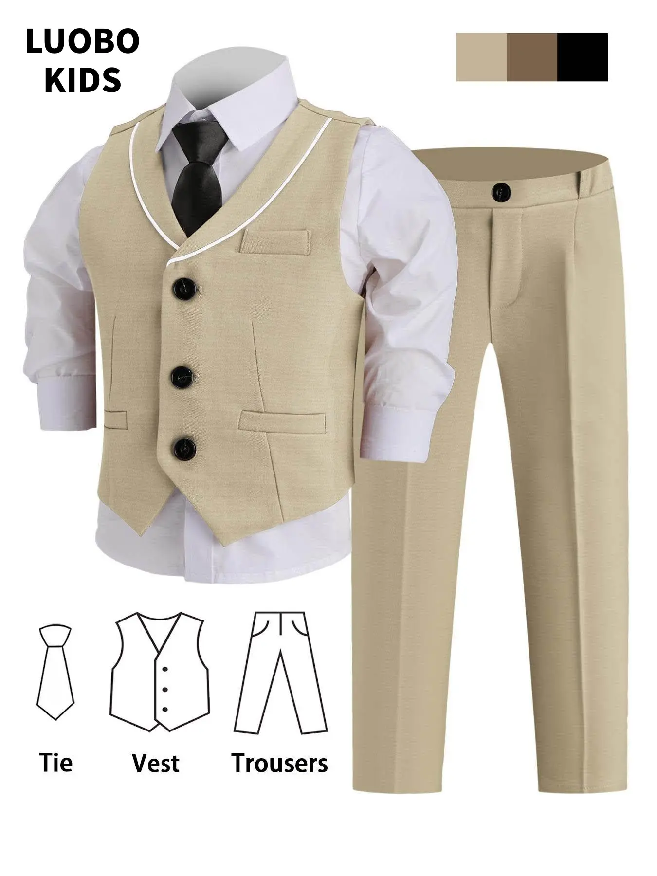 Boys' formal vest 3-piece set (vest + pants + tie), suitable for weddings and special occasions, page boy suit, prom dress, elastic waistband, fashionable formal wear (excluding shirt) Classic Sets - 24102