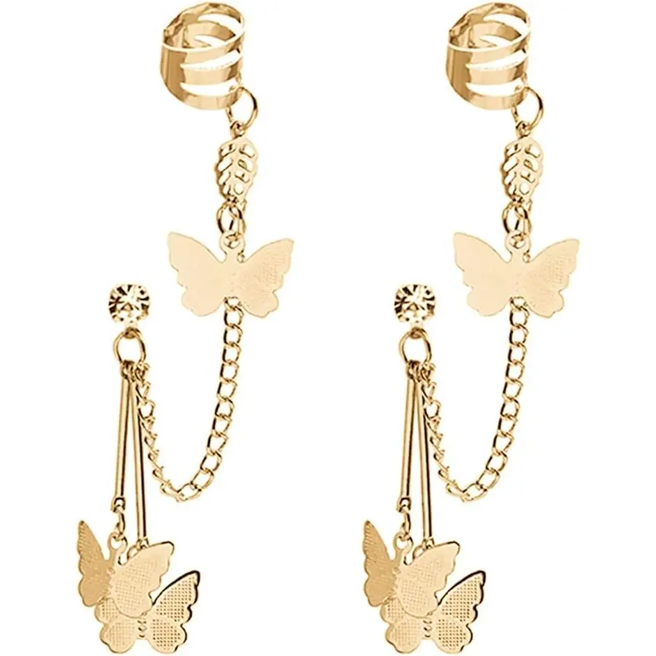Cuff Chain Earrings for Women,Cuffs Long Chain Tassel Earrings Butterfly, Ear Cuff Draping Chain Stud Earrings for Girls Gifts