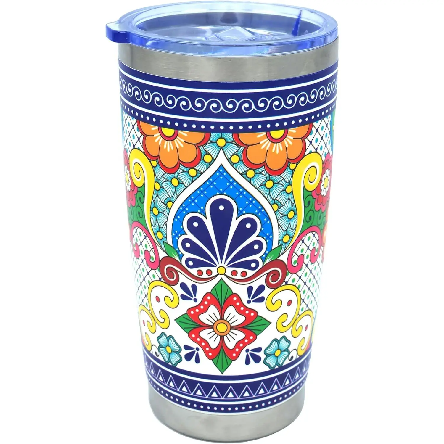 20oz Aztec Talavera Nahuatl Stainless Steel Insulated Tumbler, Colorful Ethnic Travel Cup, Leak Resistant Lid, Cup Holder Friendly