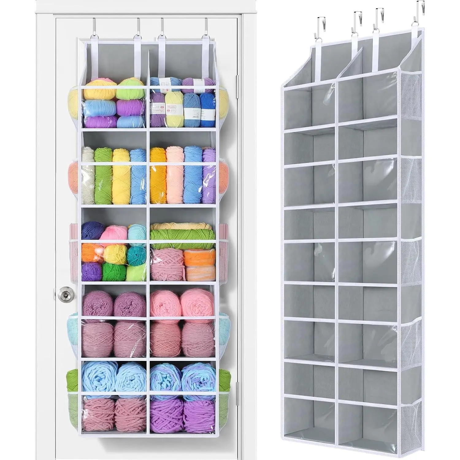 80lb Clear Door Hanging Yarn Storage Organizer, 10 Large Plastic Pockets & 10 Mesh Pockets Over the Door Crochet Organizer, 5 Tier Yarn Ball Storage for Knitting Needles, Gray