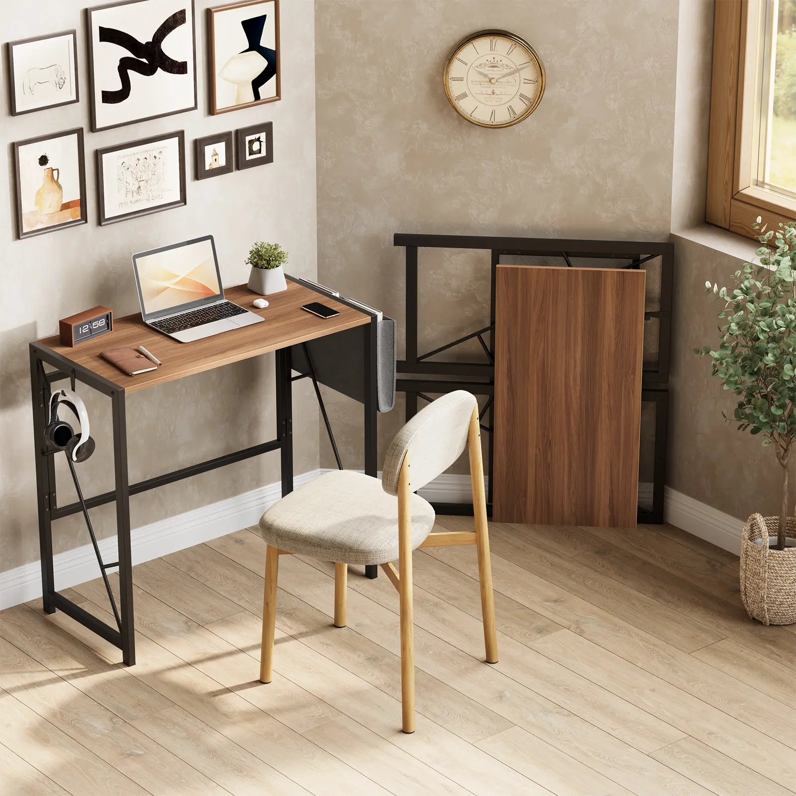 Folding Computer Desk with Side Pocket & Hooks, 100×48×72 cm Space-Saving Writing Table Sturdy Metal Frame, Easy Assembly, Portable Workstation for Home Office, Bedroom, Balcony