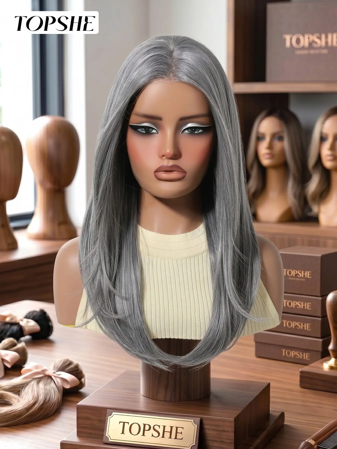 Women's High Crown Silver Color Medium-Length Wig, 22 Inches, Seamless Lace Front, Natural Fit, Perfect for Cosplay, Fashion, Photoshoots, Synthetic Wigs