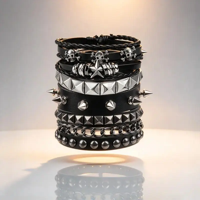 5PCS Punk Gothic Studded Bracelets, Unisex Adjustable PU Leather Cuff Wristbands with Metal Rivets and Spikes, Retro Grunge Stackable Wrist Accessories for Concerts, Streetwear and Parties