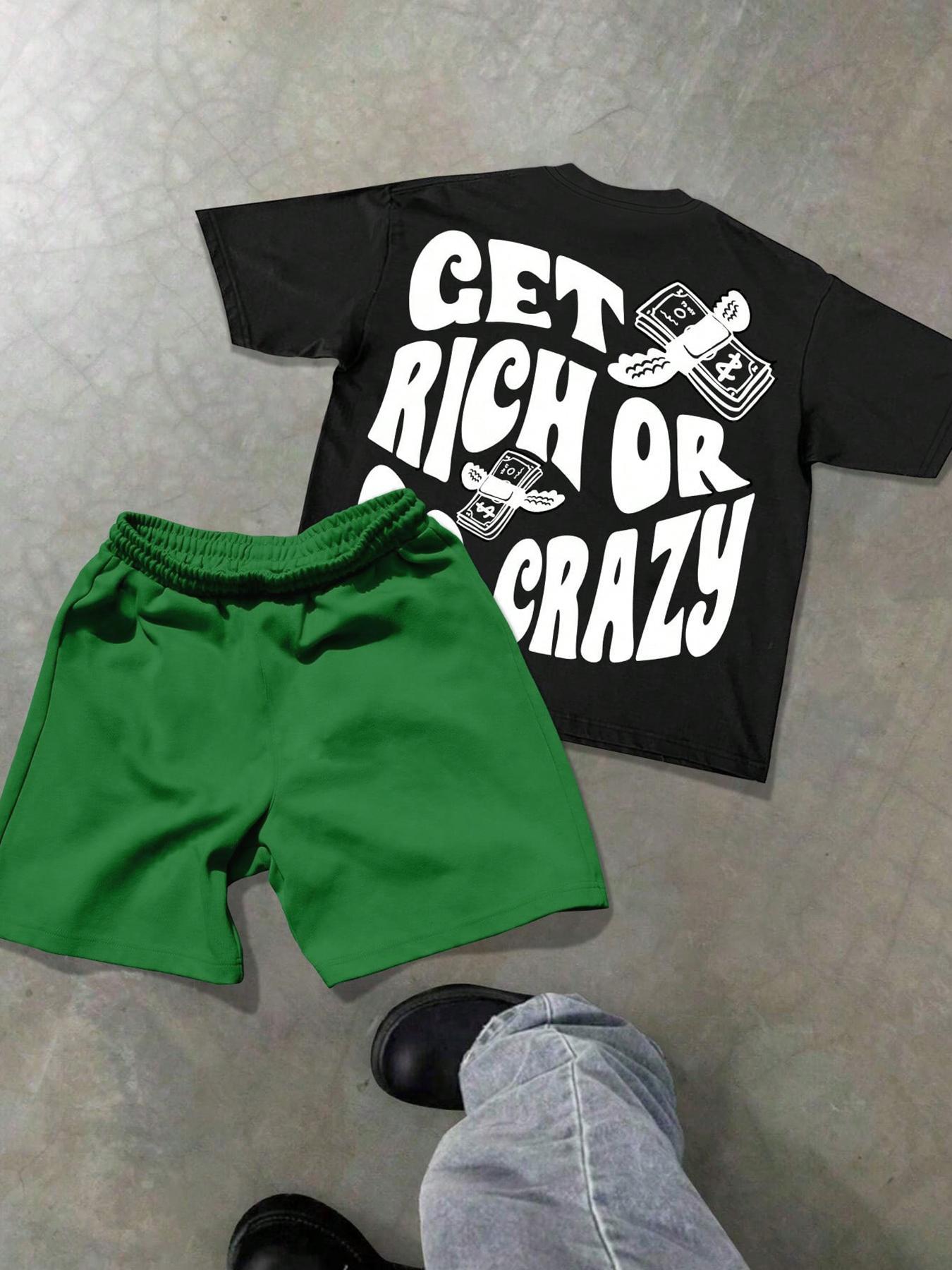 Two-Piece Set Men's Money Print Graphic Short Sleeve Crop Tee & Shorts, Loose Casual Fashion Round Neck T-shirt & Shorts for Daily Outdoor Wear, Men's Clothing for Summer, Menswear