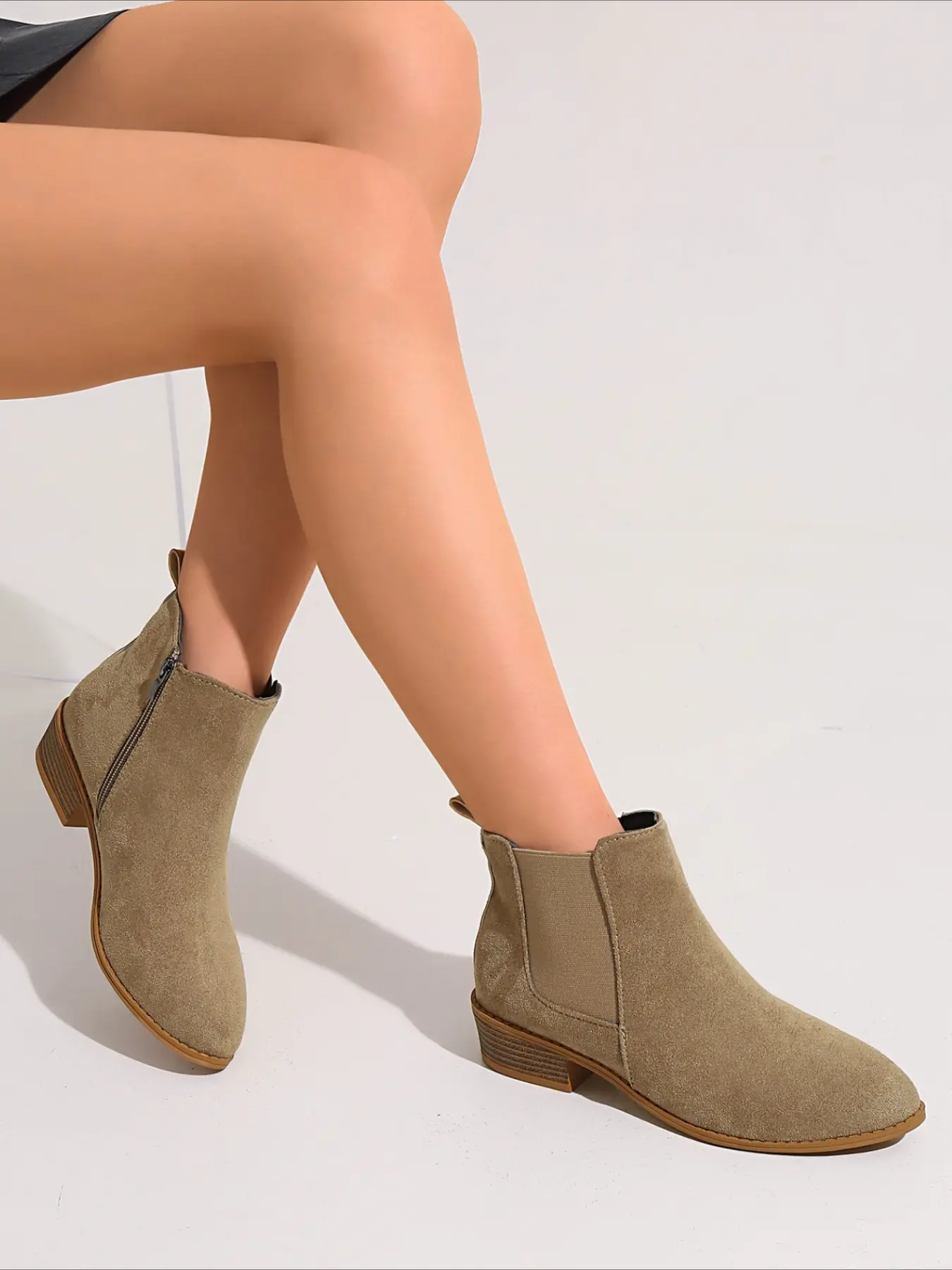 Side zipper ankle boots with low block heel, round toe suede booties equipped with pull tab, multi-color minimalist boots for autumn and winter outfits.