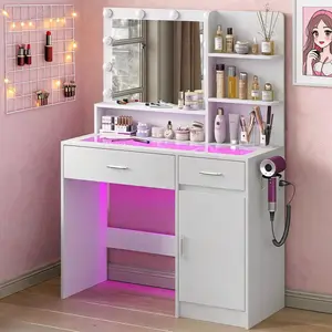 40 Inch White Glass Top Makeup Vanity Desk with LED Mirror, 3 Color Lights & 36 RGB Ambient Modes Adjustable Brightness, Built-in Power Outlet USB Type-C Charging Station Storage Drawers Dressing Table for Women Girls Bedroom Cosmetic Organizer Gift