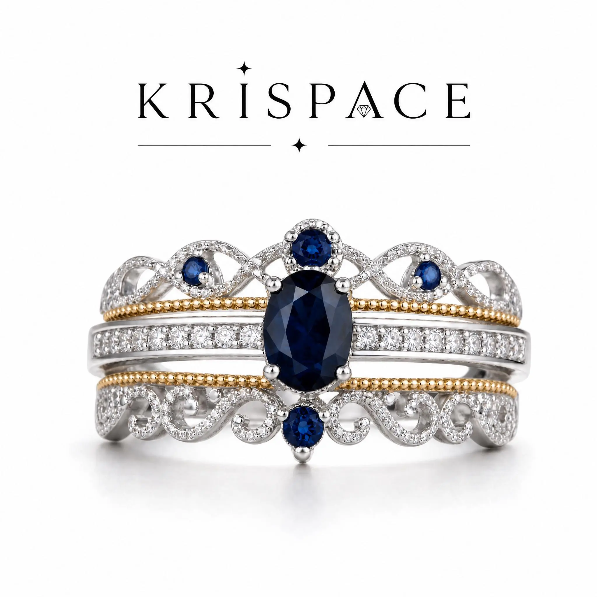 Women's Classic Crown Motif Wedding Ring Sets - 2-Tone Silver-Gold, 3-Band Open Adjustable Stackable Rings with Oval Deep Blue Zirconia & Cubic Zirconia, Bridal Anniversary Gift Jewelry