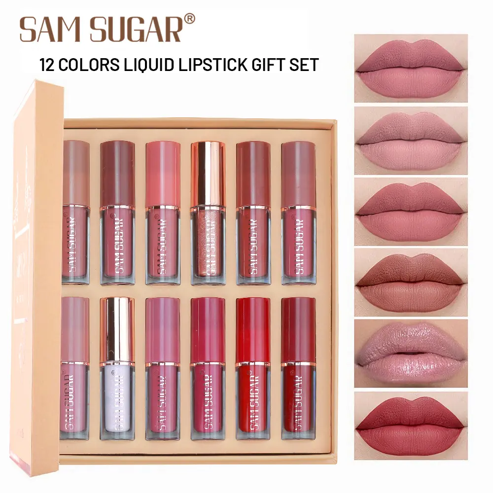 12 Color Matte Liquid Lipstick Set with Beeswax, Vibrant Colors, Velvet Texture, Waterproof, High Pigmentation, Nude Shades, Women's Cosmetic Makeup Kit