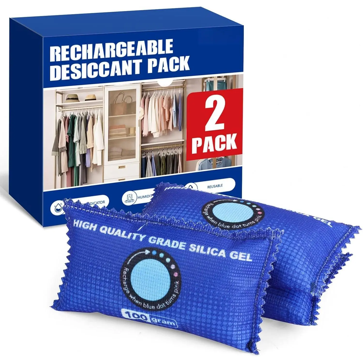 2 Pack Rechargeable Desiccant Packs for Storage, 100g Each, Blue | Color Indicating Silica Gel Desiccant Packets,  absorbers for Storage,Dehumidifier bag for Closets,,Storage Bins