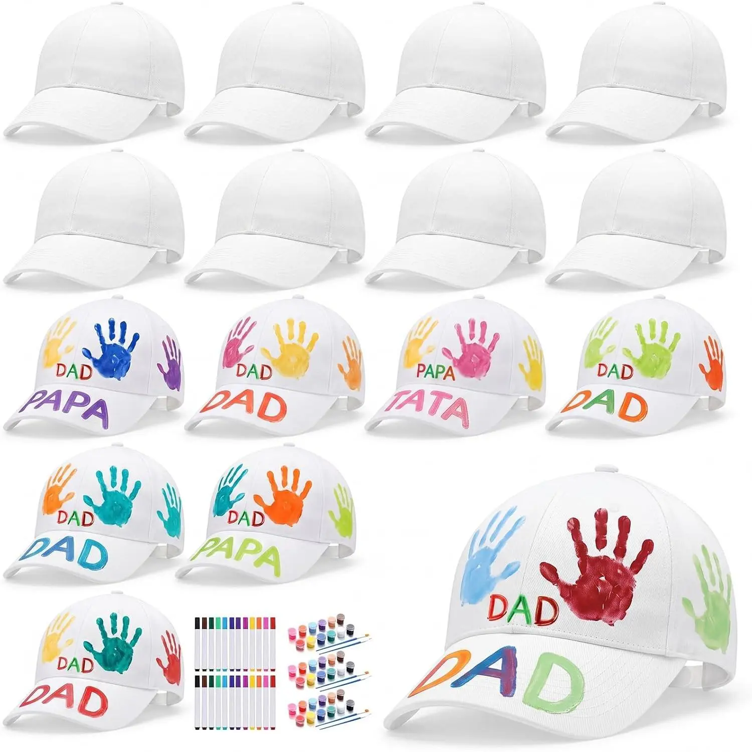 16 Set Fathers Day Crafts Bulk White DIY Baseball Hats with 12 Colors Markers and 3 Painting Tools DIY Decorate Your Own Hat for Dad Father's Day Sports Cap Gifts for Art Crafts Party Decor