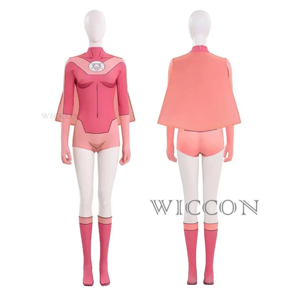 Invincible Pink Atom Eve Jumpsuit Cosplay Pink Cloak Superhero Cape Cosplay Costume Anime Bodysuit Halloween Women Wig