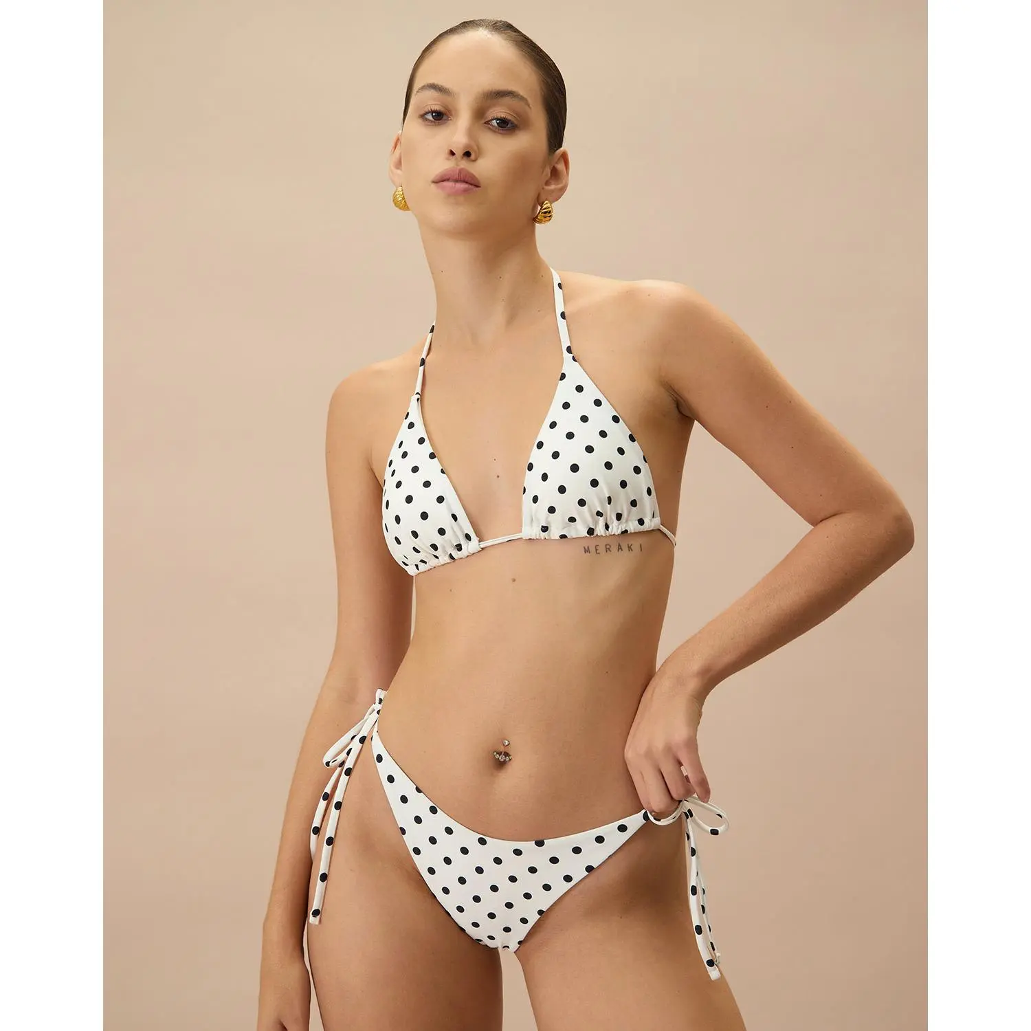 White Halter Polka Dot Triangle Bikini Set