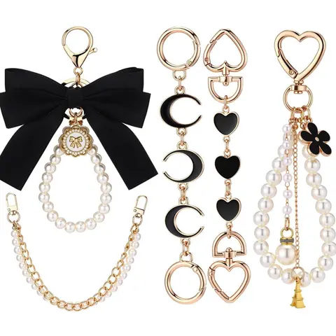 Gold Pearl Ribbon Bow Bag Extender Chain 5PCS Purse Extender Chain Handbag Shoulder Strap Replacement Charm Handbag Accessory Bag Chains for Handbags