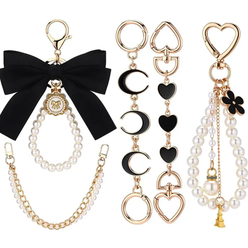 Gold Pearl Ribbon Bow Bag Extender Chain 5PCS Purse Extender Chain Handbag Shoulder Strap Replacement Charm Handbag Accessory Bag Chains for Handbags